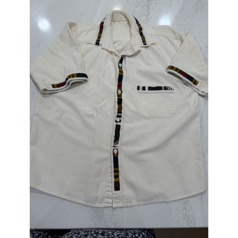 Men's Off White Guatemalan Trim Collar Shirt XL Boho Festival Short Sleeve